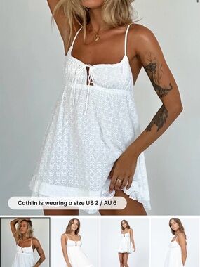Princess Polly White Eyelet Babydoll Mini Dress Tie Front, button detail back